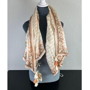 NWT- Lucky Brand Square 42" scarf- tassels - 100% silk- cotton trim- cream